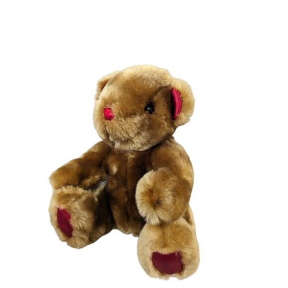 Bear plush stuffed animal red satin ears nose and paws brown Holiday - Picture 6 of 10